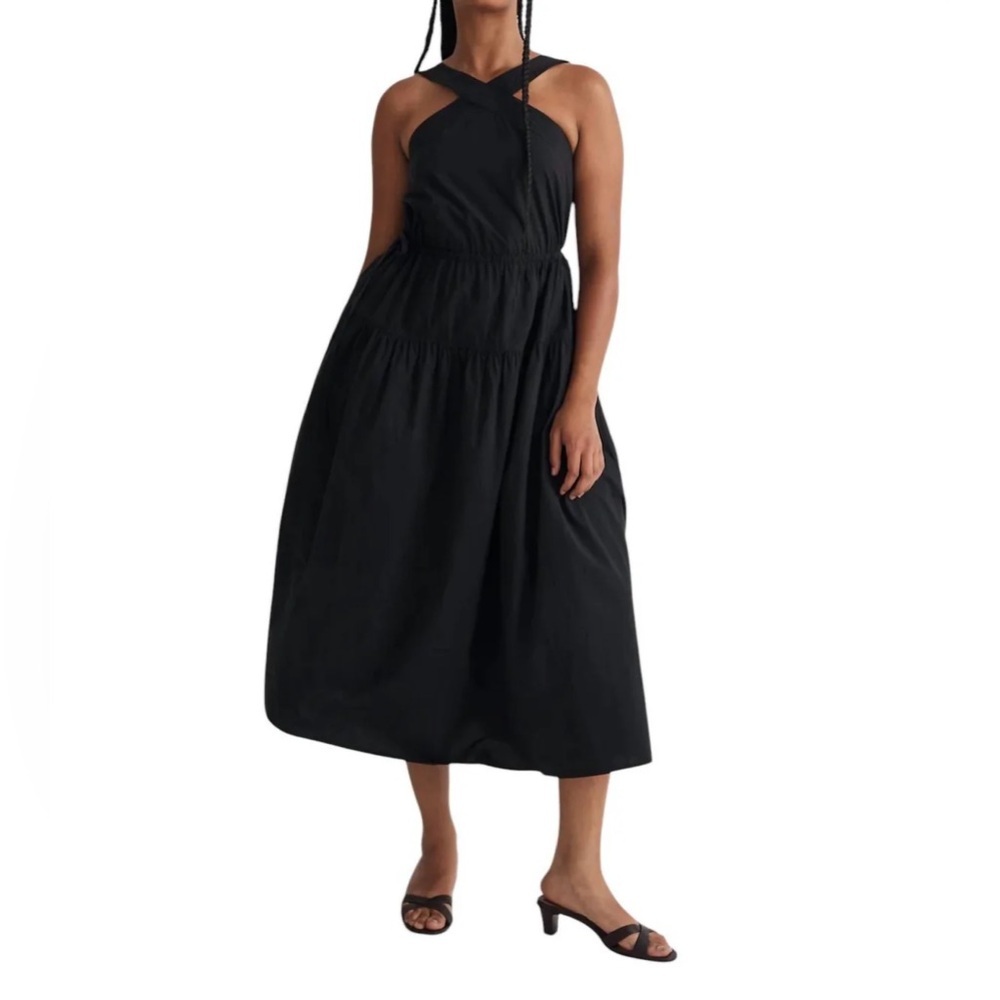 Madewell Poplin Halter Tiered Midi Dress Black size 10